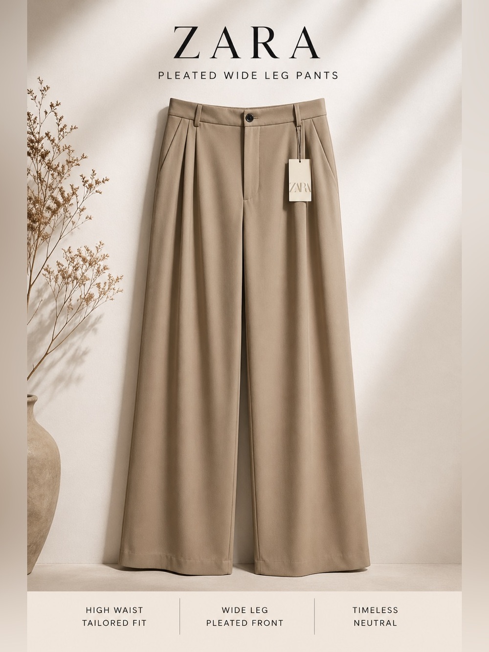 NWT Zara Wide Leg Khaki Pleated Pant Size XXL